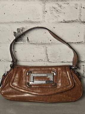 Guess Brown Shoulder Bag Rhinestone Logo Y2K Baguette Purse